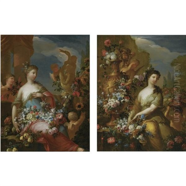 Allegory Of Summer (+ Allegory Of Autumn; Pair) Oil Painting by Matthaeus (Arent) Terwesten