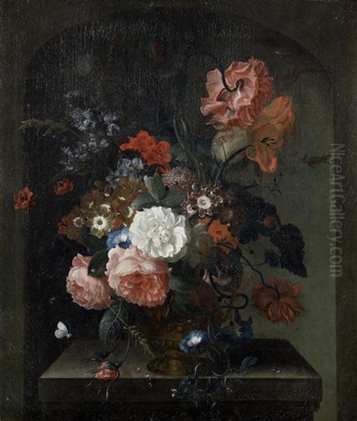 Roses, Convolvulus, Auricula And Other Flowers In A Bronze Urn, In A Stone Niche; And  Roses, Tulips, Convulvulus And Other Flowers In A Bronze Urn On A Stone Ledge(2) Oil Painting by Pieter Terwesten