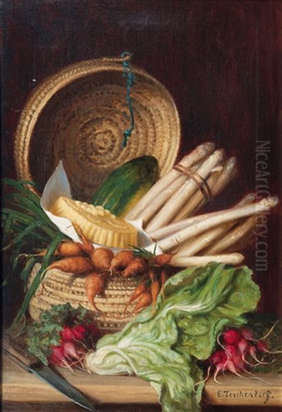 Still Lifes With Flowers And Vegetables (pair) Oil Painting by Emil Teschendorff