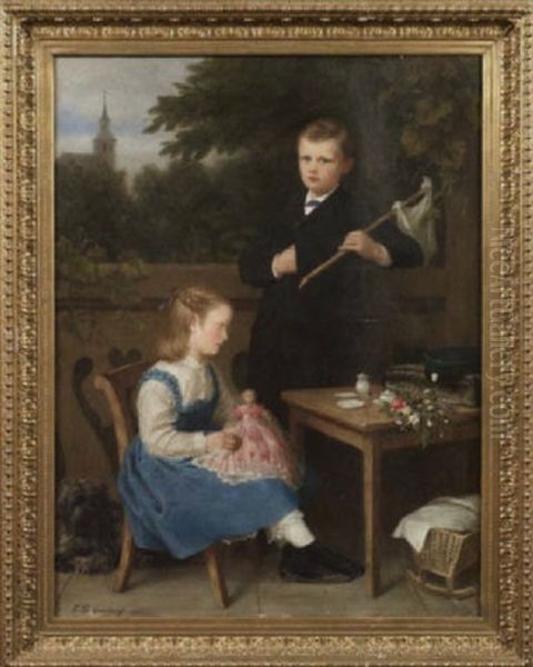 Bildnisse Eines Geschwisterpaares, Die Mit Ihren Lieblingsspielsachen Dargestellt Sind Oil Painting by Emil Teschendorff