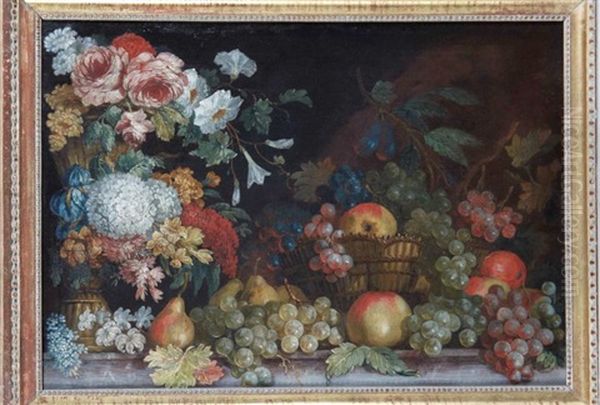 Bouquet De Fleurs Et Panier De Fruits Sur Un Entablement Oil Painting by Louis Tessier