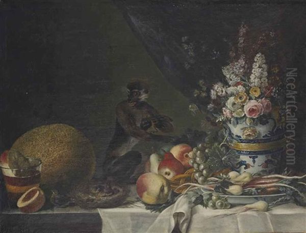 Nature Morte Au Singe Pres D'un Nid D'oiseaux Oil Painting by Louis Tessier