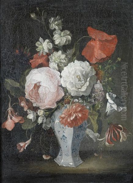 Roses, Poppies, Honeysuckle And Other Flowers In A Porcelain Vase On A Table-top Oil Painting by Louis Tessier