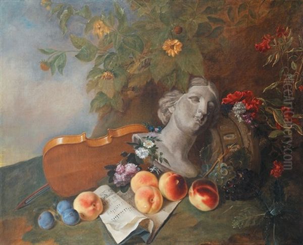 Nature Morte Aux Peches, Raisins Buste, Violon Et Partition Oil Painting by Louis Tessier