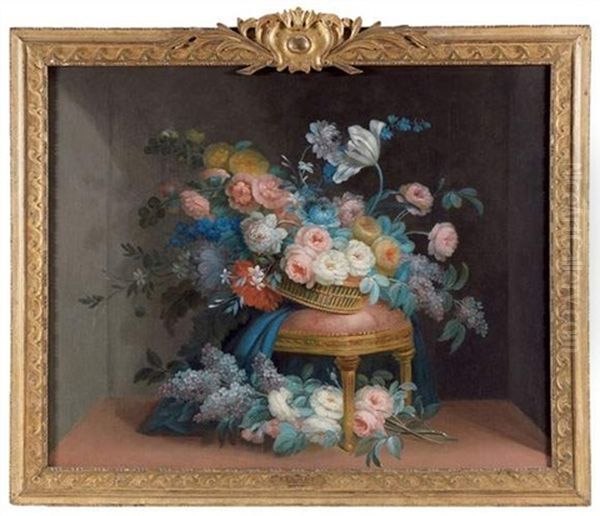 Panier De Fleurs Sur Un Tabouret Oil Painting by Louis Tessier