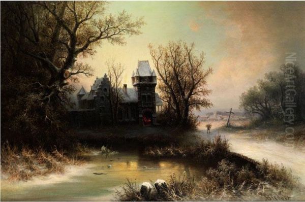 Romantische Winterlandschaft Mit Gotischem Schloss Unter Baumen Oil Painting by Adolf Bredow