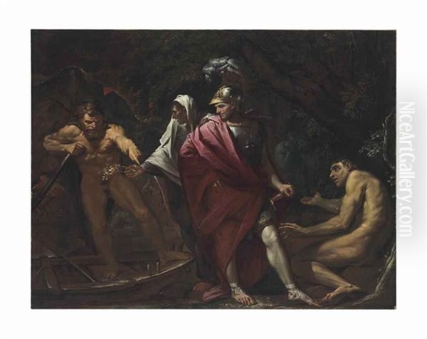 Aeneas And The Cumaean Sibyl Presenting The Golden Bough To Charon Oil Painting by Pietro Testa