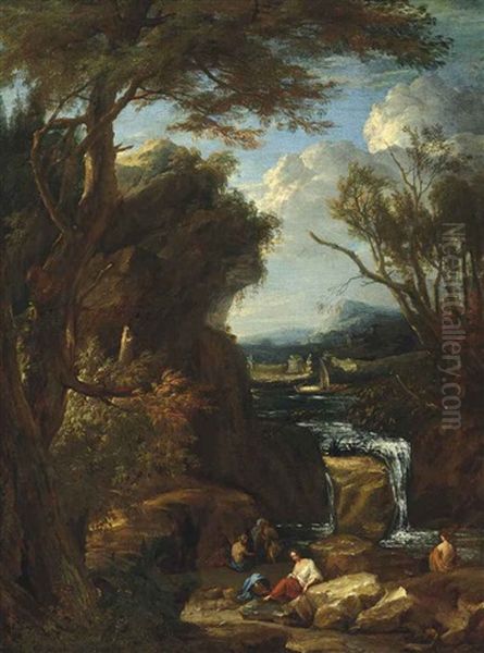 An Italianate River Landscape With Figures Bathing And A Temple In The Background Oil Painting by Pietro Testa