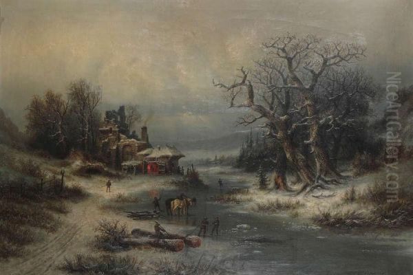 Bevroren Rivierlandschap Methouthakkers En Paarden Bij Vervallen Burcht. Oil Painting by Adolf Bredow