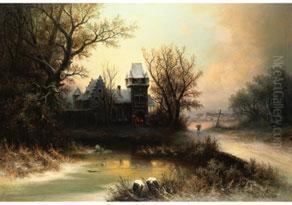 Romantisches Schloss Unter Baumen Am Winterlichen Waldrand Vor Einem Zugefrorenen Teich Oil Painting by Adolf Bredow