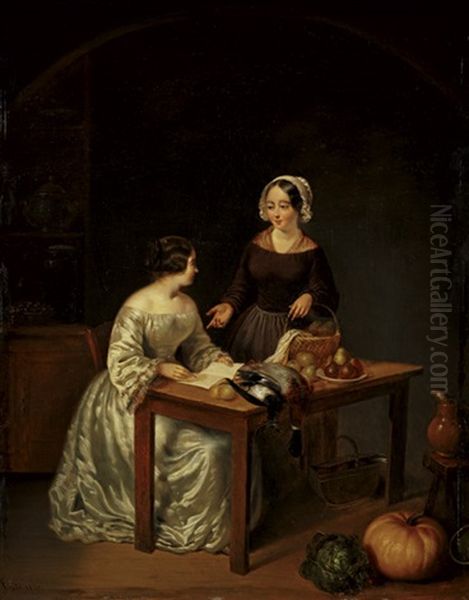 Kucheninterieur Mit Einer Dame Im Kleid Aus Weiser Atlasseide Und Ihrer Magd Im Gespach Oil Painting by Jean Auguste Teste