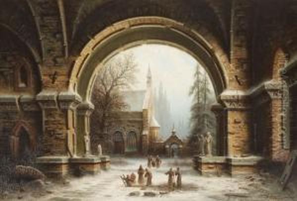 Klosterhof Im Schnee Oil Painting by Albert Bredow