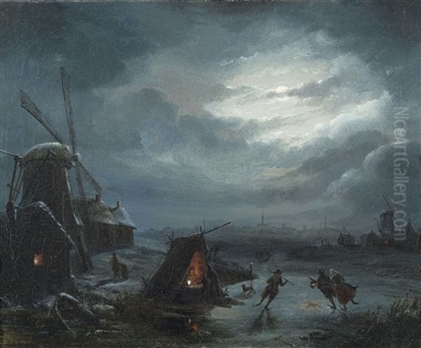 View Of A Frozen Landscape At Night Oil Painting by Jan Baptiste Tetar van Elven