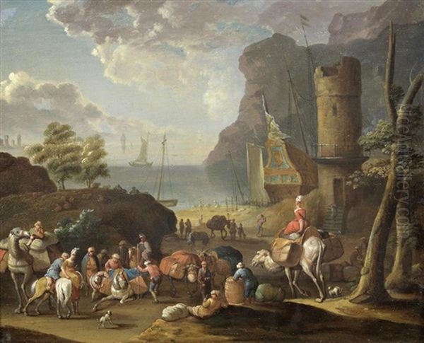 A Mediterranean Harbour Oil Painting by Jan Baptiste Tetar van Elven