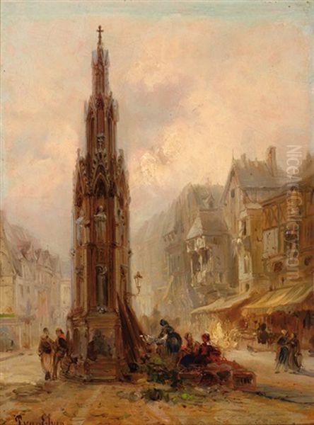 City Square With Gothic Monument by Jan Baptiste Tetar van Elven