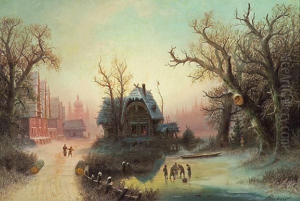 A Russian Village In Winter Oil Painting by Albert Bredow