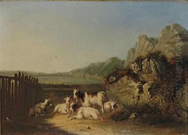 Ziegenherde In Sudlicher Landschaft Mit See Und Hugeligem Horizont Oil Painting by Joseph Eduard Tetar van Elven