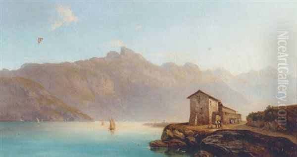 Figures By A Villa On The Edge Of A Lake Oil Painting by Paul Constantin Dominique Tetar van Elven