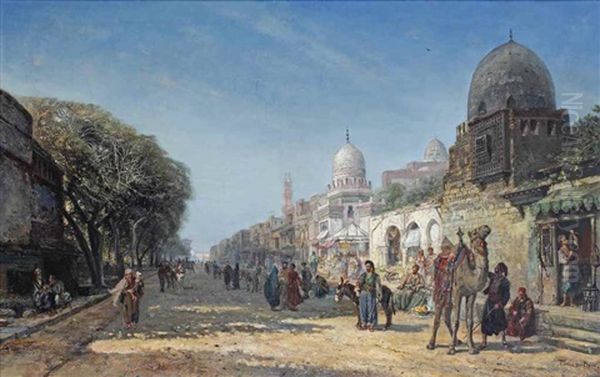 A Bustling Day In The Streets Of Cairo Oil Painting by Pierre (Henri Theodore) Tetar van Elven