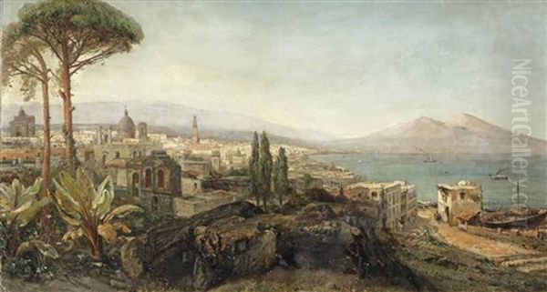 A View Of The Bay Of Naples With The Vesuvius Beyond Oil Painting by Pierre (Henri Theodore) Tetar van Elven