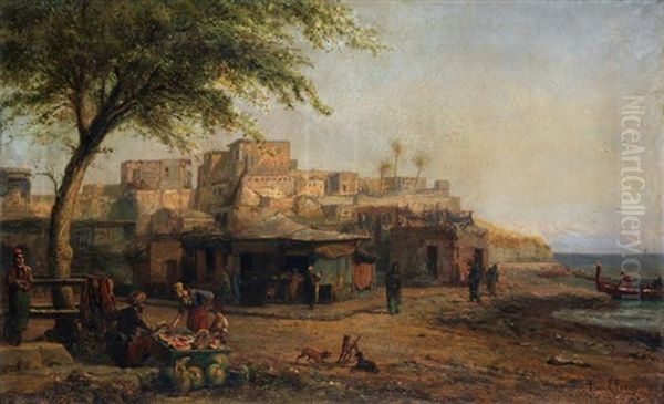 Marche Devant Le Port En Orient Oil Painting by Pierre (Henri Theodore) Tetar van Elven