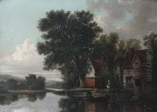 Houses By Country River Oil Painting by Pierre (Henri Theodore) Tetar van Elven