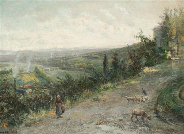 Bergere Et Son Troupeau Sur Les Hauteurs De Lyon Oil Painting by Pierre (Henri Theodore) Tetar van Elven