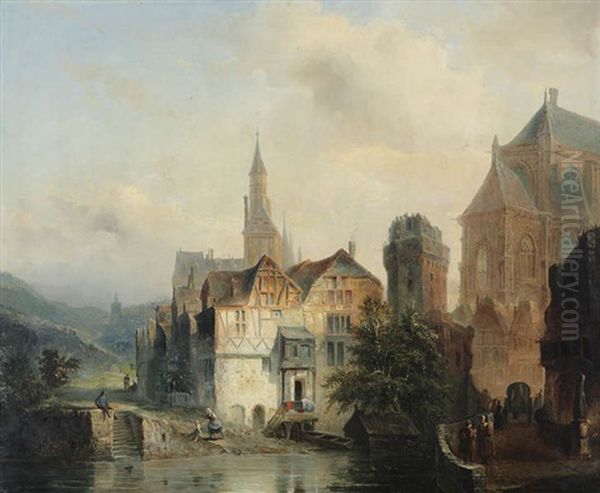 Capriccio D'une Ville En Allemagne Ou France (vannes?) Avec Maisons, Tour D'une Forteresse Et Vue Partielle D'une Cathedrale, Anime D'un Pecheur Sur Un Mur, D'un Enfant Jouant Avec Un Petit Bateau Et De Figures Pres D'une Caros Oil Painting by Pierre (Henri Theodore) Tetar van Elven