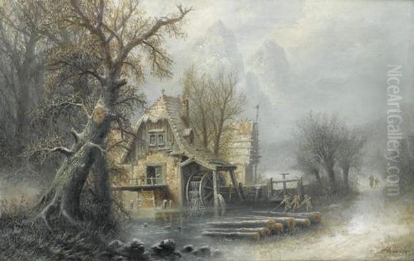 Winterlandschaft Mit Muhle Im Gebirge. Oil Painting by Albert Bredow