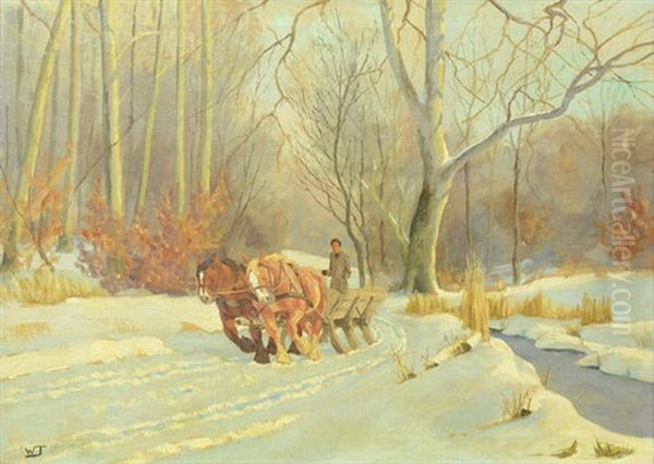 Winter Landscape With Cart And Horses Oil Painting by Wlodzimierz Tetmayer