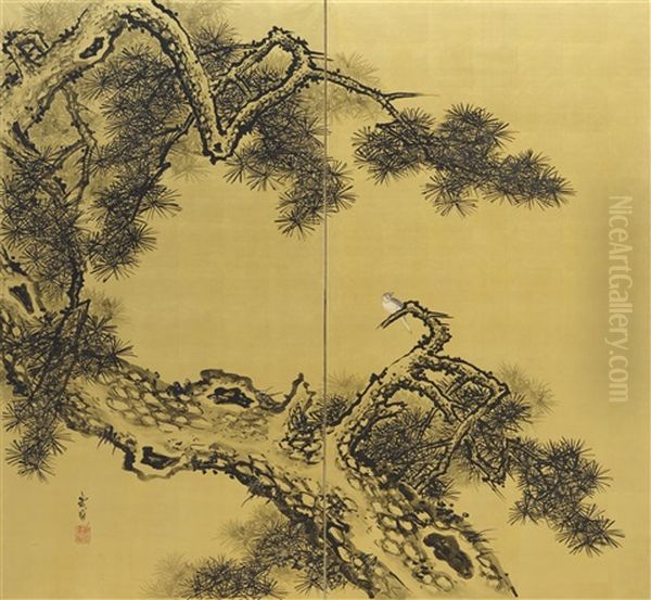 A Two-panel Screen Depicting A Pine Tree With A Bird On A Branch Oil Painting by Sakuma Tetsuen