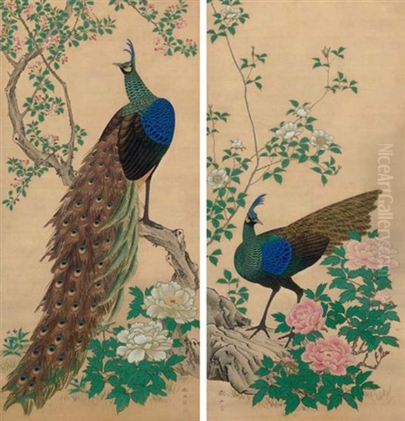 Peacocks (+ Peonies; Pair) Oil Painting by  Tetsuzan