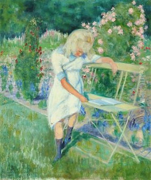 Garden In Flower With Reading Girl On A Bench by Christian Tetzen-Lund