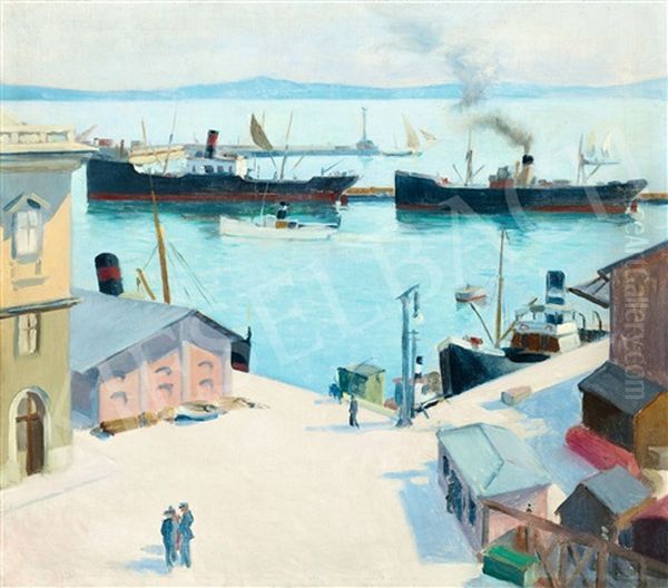 Harbour In France Oil Painting by Karoly Teuchert