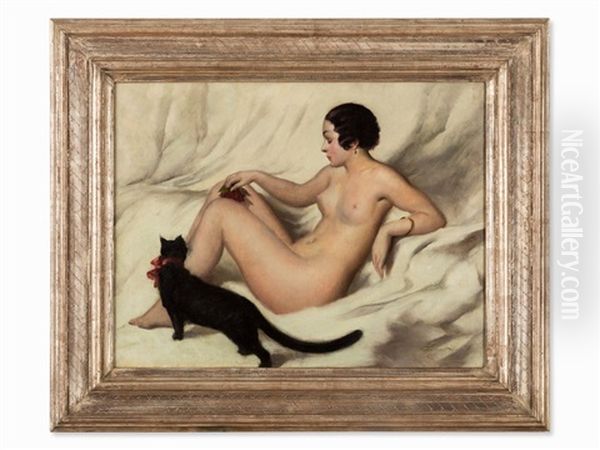 Female Nude With Cat Oil Painting by Karoly Teuchert