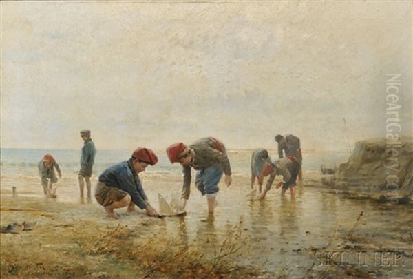 Boys Sailing Toy Boats In A Tide Pool Oil Painting by Modesto Texidor y Torres