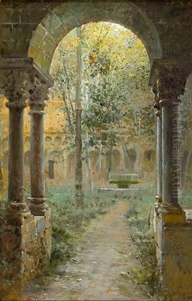 Claustro (sant Pere De Galligants, Girona?) Oil Painting by Modesto Texidor y Torres