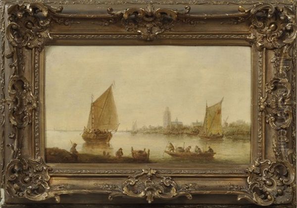 Hollandische Landschaft Mit Fischerbooten In Hafen Vor Stadtsilhouette Oil Painting by Franz-Joseph (Weber) Textor