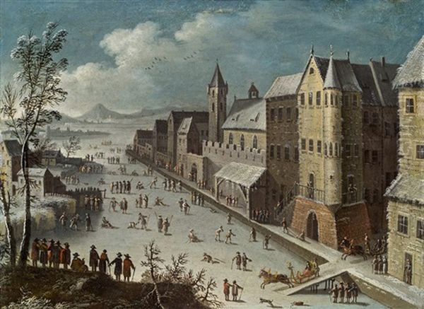 Eislaufer Vor Einer Stadt Oil Painting by Franz-Joseph (Weber) Textor