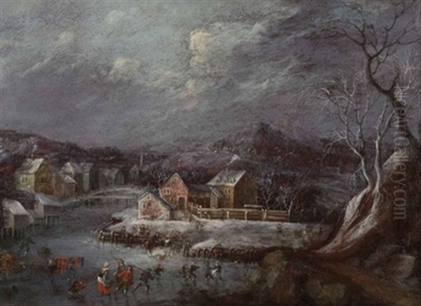 Das Eisvergnugen Vor Verschneiter Dorflandschaft Oil Painting by Franz-Joseph (Weber) Textor