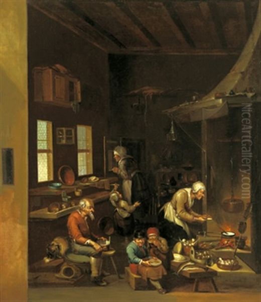 Eine Alte Frau Kocht Fur Ihre Familie Das Essen Oil Painting by Franz-Joseph (Weber) Textor