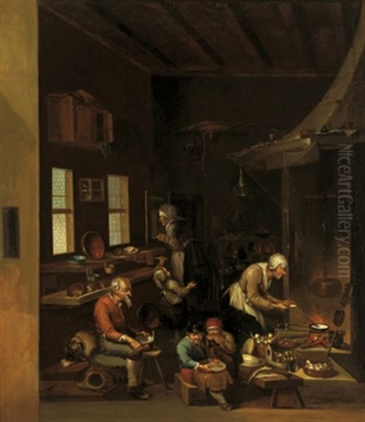 Eine Alte Frau Kocht Fur Ihre Familie Das Essen Oil Painting by Franz-Joseph (Weber) Textor