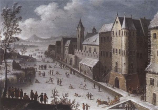 Eisvergnugen In Einer Stadt Oil Painting by Franz-Joseph (Weber) Textor