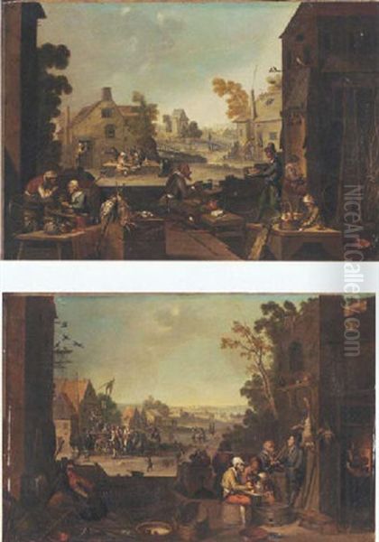 Paysans Attables Devant Une Rue Animee Oil Painting by Franz-Joseph (Weber) Textor