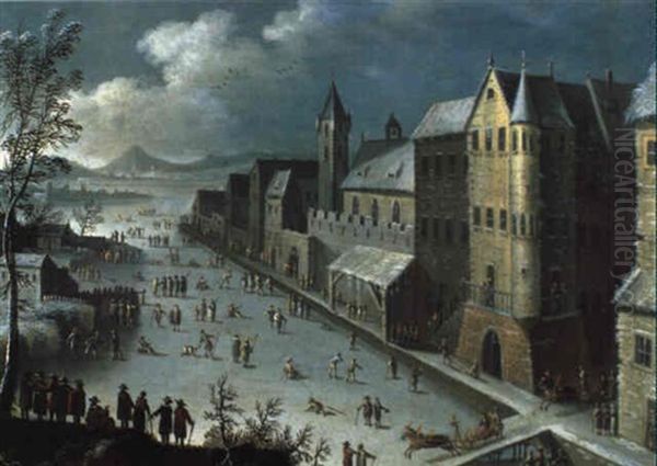 Winterliches Eisvergn_gen Vor Einer Mittelalterlichen Stadt Oil Painting by Franz-Joseph (Weber) Textor