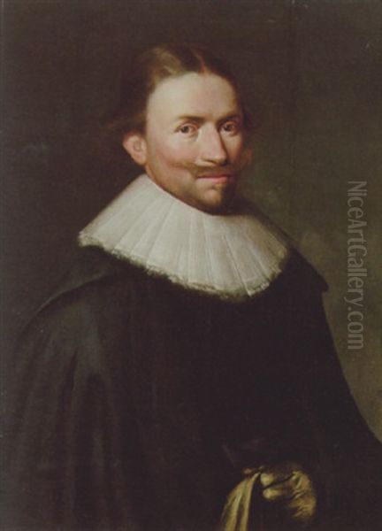 Portrait Of A Gentleman Wearing Black Costume And White Ruff, Holding A Glove Oil Painting by Jan Van Teylingen