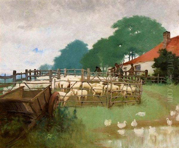 A Sheep Pen Oil Painting by Harry Jones Thaddeus