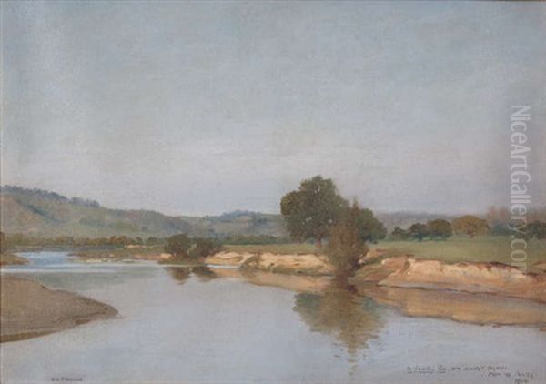 River Landscape, With Clear Blue Sky (possibly France) by Henry Jones Thaddeus