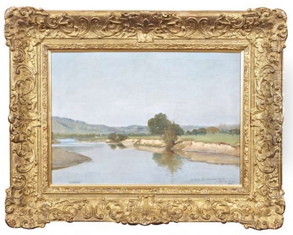 River Landscape, With Clear Blue Sky (possibly France) Oil Painting by Henry Jones Thaddeus