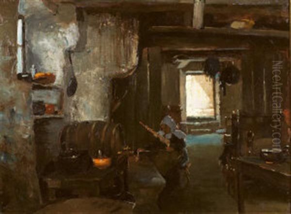 A Breton Interior Oil Painting by Henry Jones Thaddeus